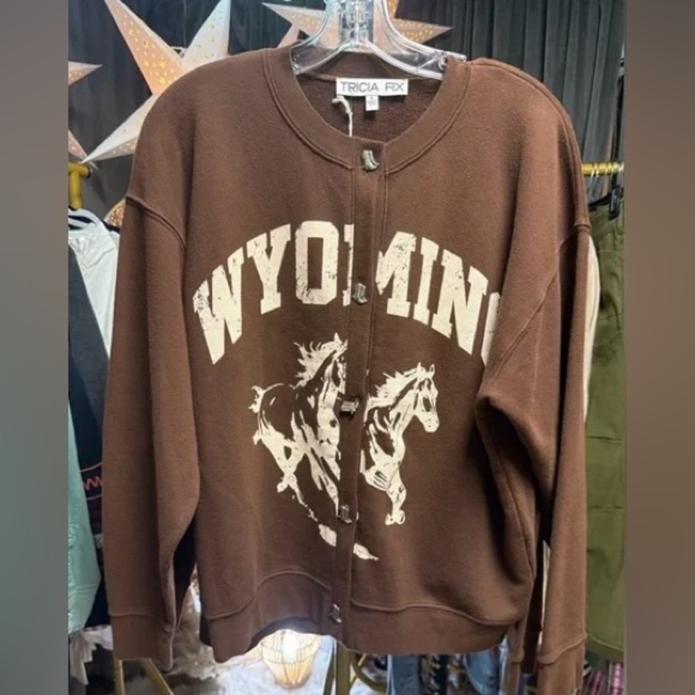 Tricia Fix Exclusive Wyoming Running Horses Western Sweatshirt Cardi in Brown